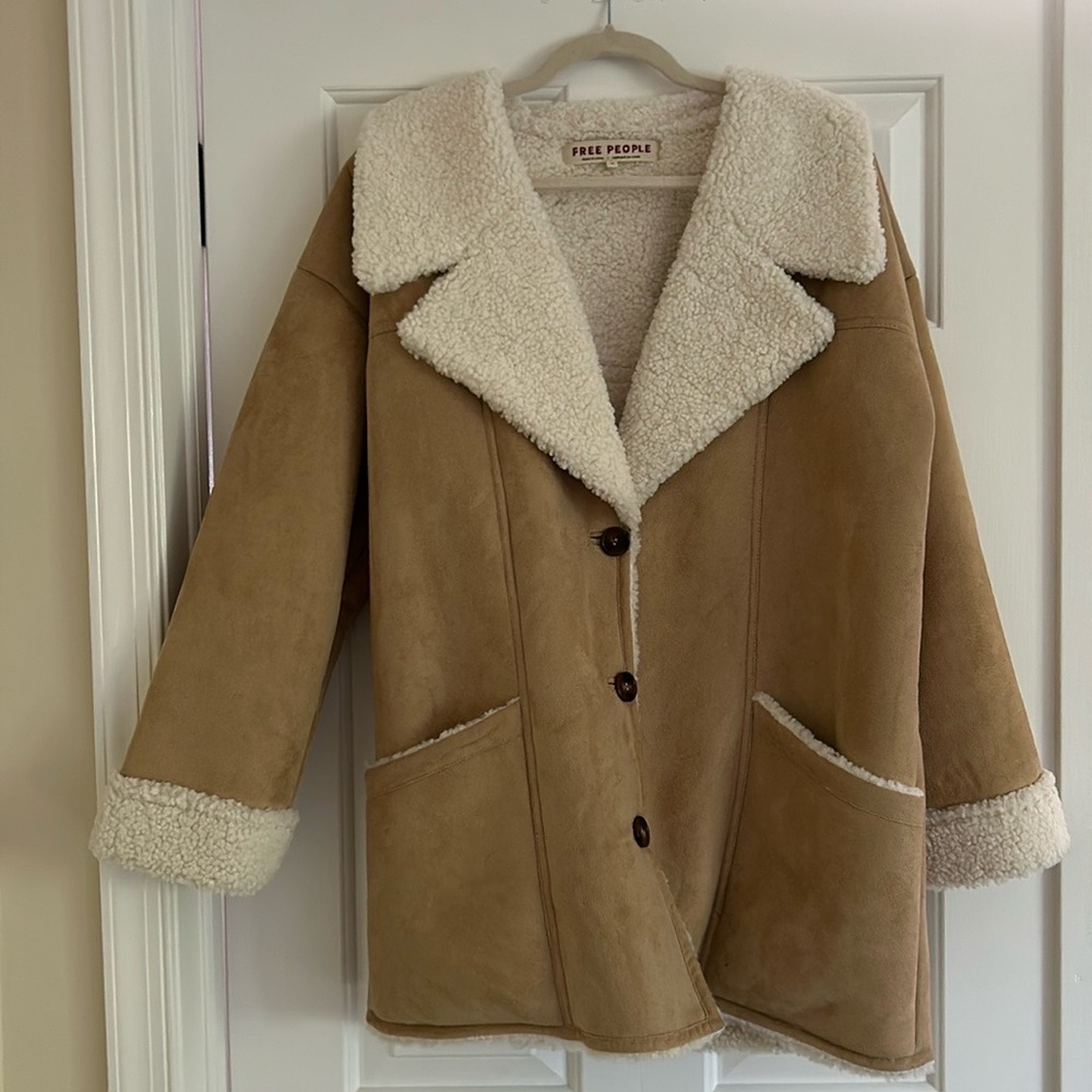 Free People Faux Shearling Diogo Coat Ivory Combo Size Medium